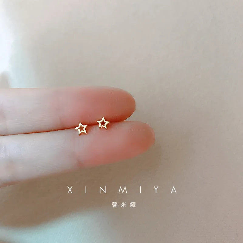 Tiny Minimalist Silver Plated Korean Mini Small Heart Stars Stud Earrings for Women Student Teen Simple Ear Piercing Jewelry