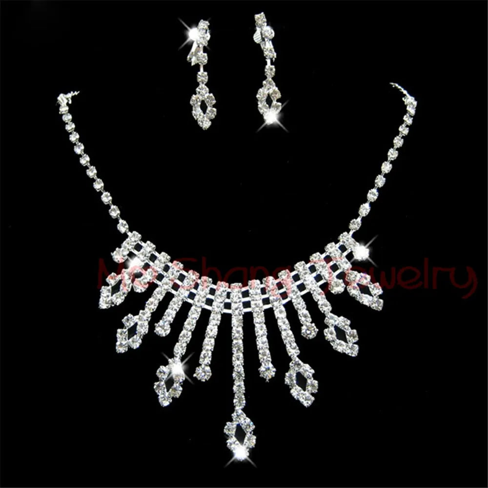 Rhinestone Crystal Silver Color Choker Necklace & Earrings for Women Rhinestone Statement Bridal Wedding Jewelry Sets Wholesale