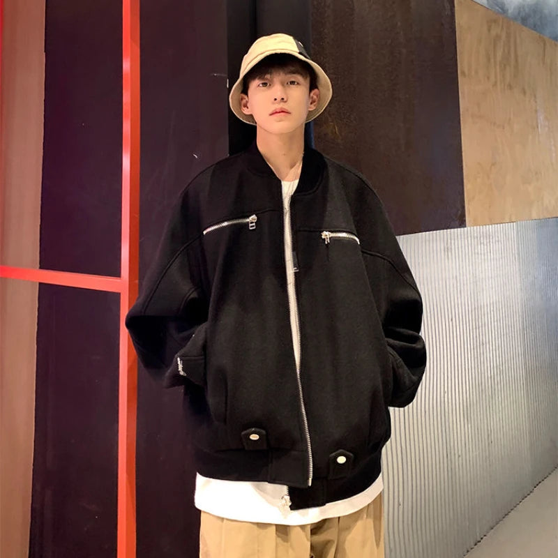 Brown Zipper Woolen Jacket Men's Light Luxury High Street Baseball Uniform Coat 2023 Autumn Winter Oversize Punk O-neck Jacket