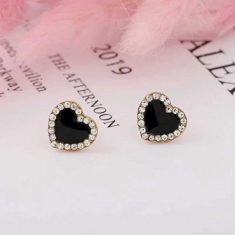 Korean Style Zircon Black Resin Heart Ear Studs for Women Elegant Luxury Geometric Earrings 2024 Fashion Trends Jewelry Gifts