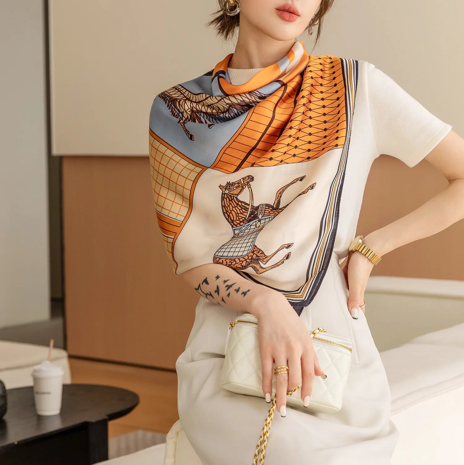 Luxury Horse Print Square Scarf Vintage Imitation Silk Shawl Scarf  Women Windproof Outdoor Head Wrap 110*110cm