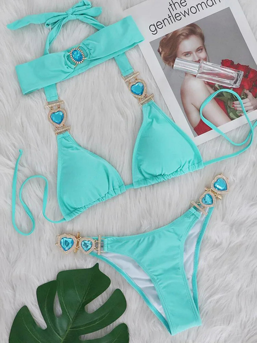 With Hairband Halter Jewelled Diamond Bikini Women Swimsuit Female Swimwear Three Pieces Bikini Set Brazilian Bathing Suit Swim