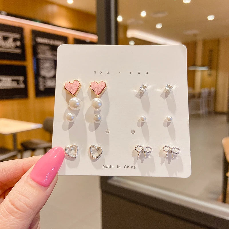 Cute 6/7Pair Set Butterfly Heart Stud Earrings for Women Girl Exquisite Party Dailywear Jewelry Birthday Gift Simple Accessories