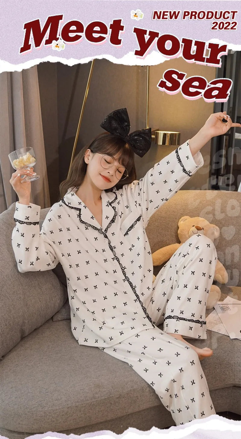 Women's Sweet Ruffle Pajamas Set Long Sleeve Top And Long Pants Sleepwear 2 Piece Set For Women Korean Casual Home Loose Pajamas