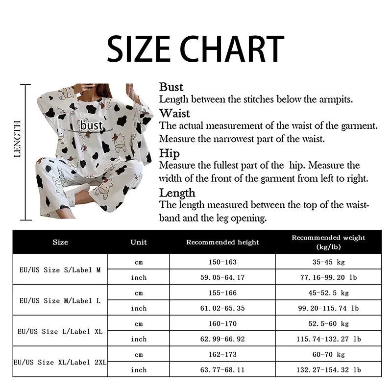 Set Cute New Cartoon Sets Cow Spring 2023 Sleeve Print Long Two-pieces Underwear Sleepwear Pajama Women