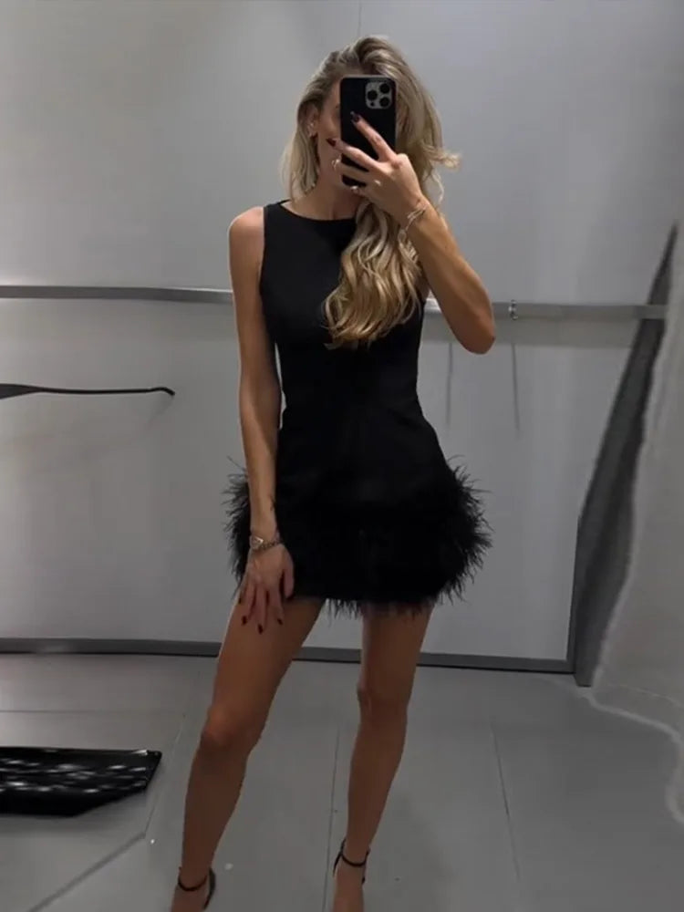 Sleeveless Feather Short Dress Black Women Socialite Party Evening Gown Round Neck Slim Fit Plush Ladies Fashion Slimming Dress