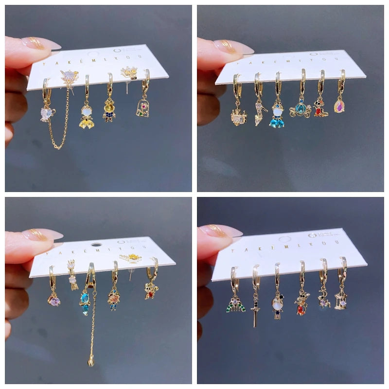 New Arrival Colorful Crystal Fairy Tales Hoop Earrings Set for Women Gold Color Huggies Jewelry