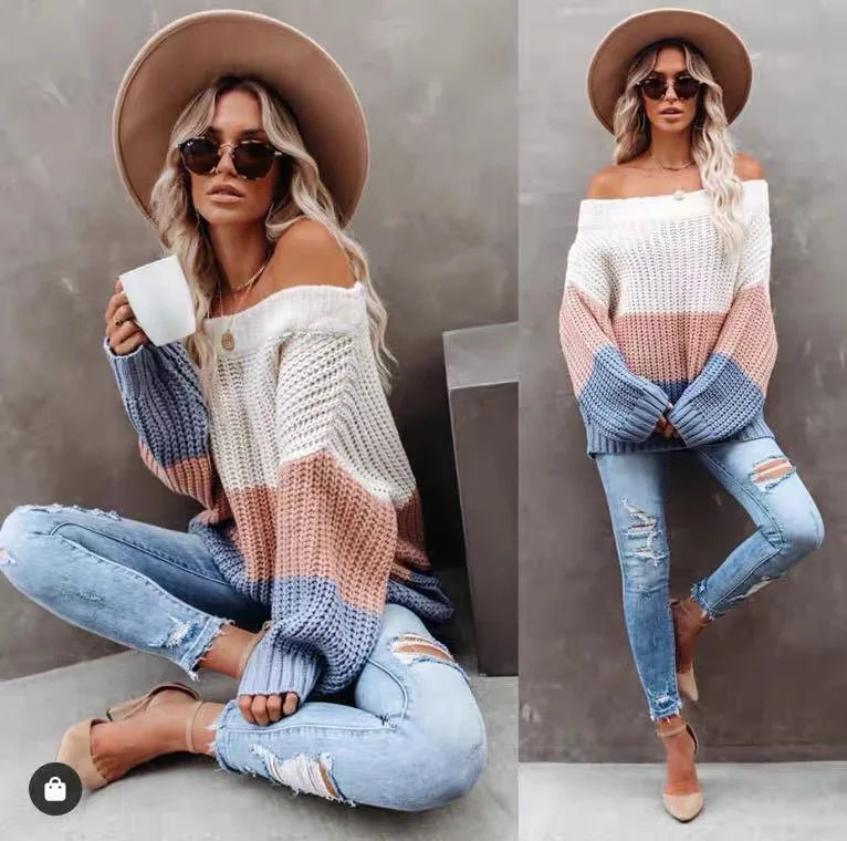 Autumn and Winter New One Necked Off Shoulder Patchwork Contrasting Loose and Versatile Knitted Pullover Sweater