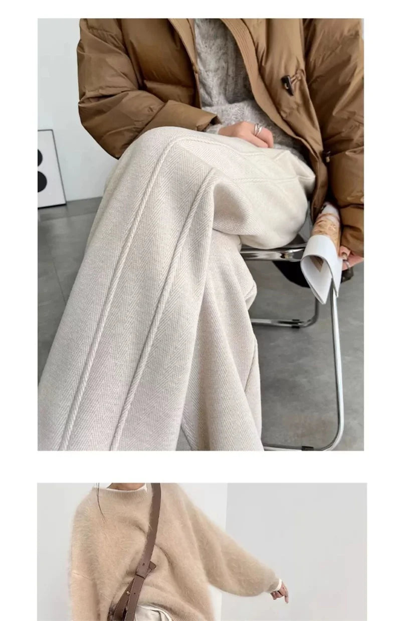 Women's Autumn/Winter New Herringbone Striped Flannel Wide leg Pants Woolen Split Pants Straight leg Narrow Version Banana Pants