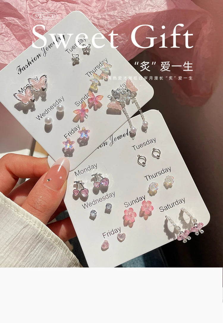 Summer New Shiny Pink Flower Cherry Butterfly Star Pearl Stud Earrings Set for Women Girls One Week Korean Fashion Jewelry Gift