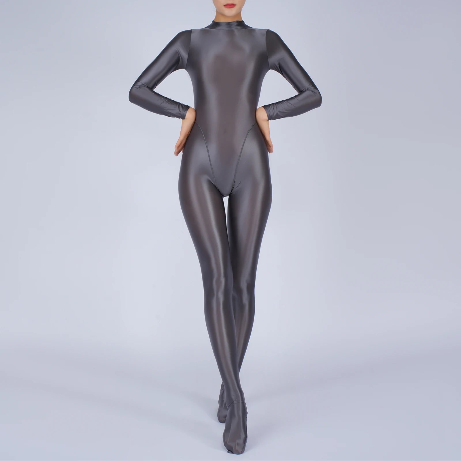 Womens Full Body Jumpsuit Sports Gym Yoga Tights Bodysuit Mock Neck Long Sleeve Footed One Piece Jumpsuit Clubwear Sportwear