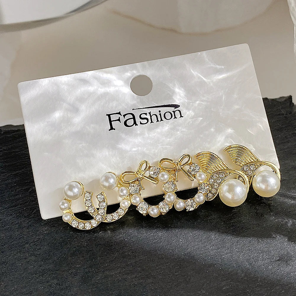 LATS Bow Fishtail Pearl Moon Earrings for Women Popular Gold Color Crystal Earrings Set Fashion Jewelry Accessories Gifts