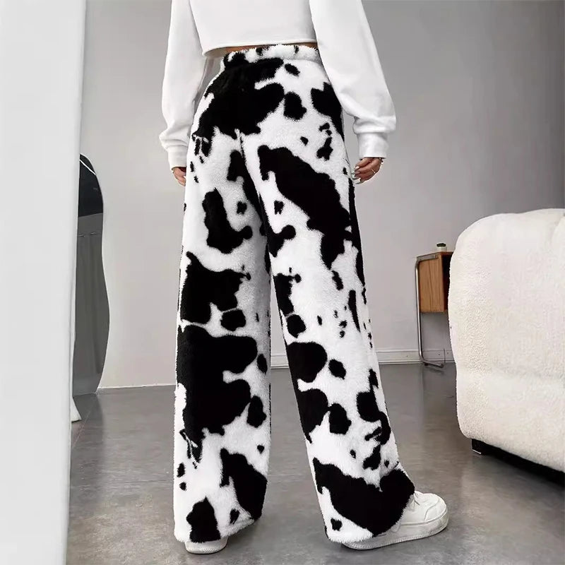 Milk Cow Printed Warm Women Plush Fur Elastic Pants High Waist Casual Loose Comfortable Pants Autumn Winter Female Vintage Pants