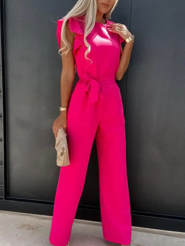 Summer Temperament Commuting Pleated Lace Up Jumpsuit Fashionable Rose Red Round Neck Short Sleeved Jumpsuit Women's Jumpsuit