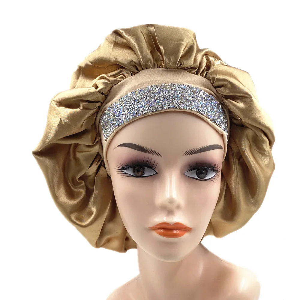 Glitter Rhinestone Wide Band Turban Women Hair Cover Satin Night Sleep Cap Bonnet Head Scarf Headwrap African Hat