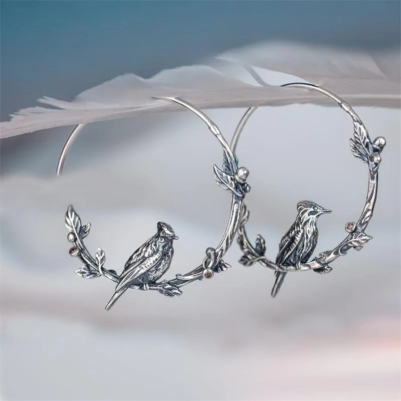 Antique Silver Color Hummingbirds Greetings Bird Ear Ring Earrings for Women Fashion Hoop Earrings Jewelry