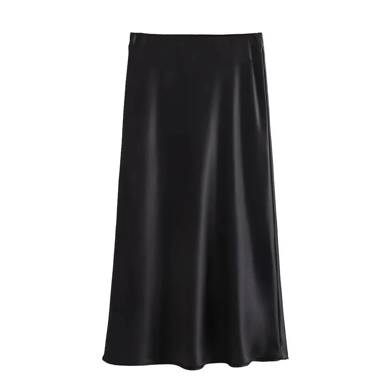 TRAF Woman 2024 Satin Skirt Women High Waist Long Skirts For Women Summer Black Midi Skirt Office Elegant Women's Skirts