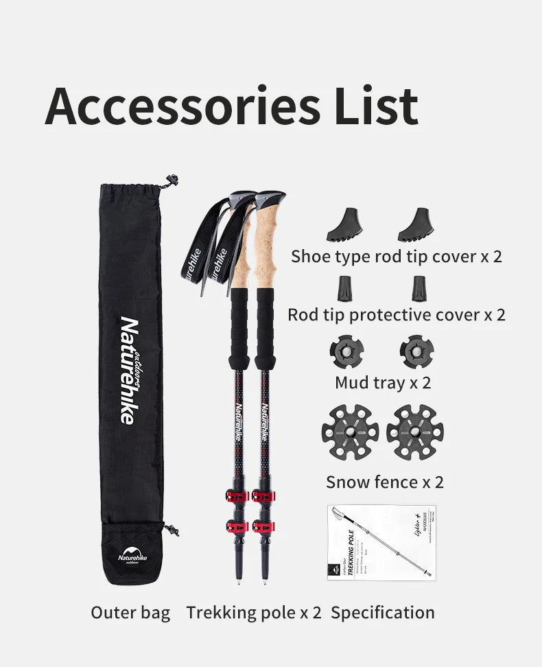 Naturehike Trekking Poles 2pcs Carbon Fiber Collapsible Telescopic Sticks Lightweight Walking Hiking Stick Climbing Stick