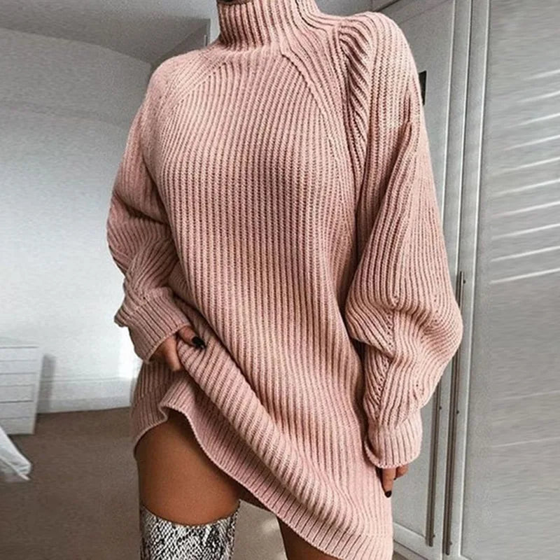 2024 Autumn/Winter New Knitted Sweater Fashionable and Sexy Medium to Long Sleeve Half High Collar Sweater Dress