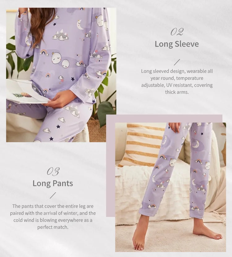 Autumn women's printed pure cotton sleepwear set with round neck long sleeved pants casual  comfortable two piece home suit set