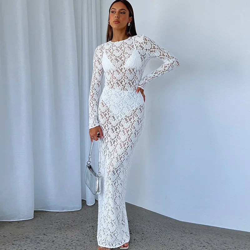 See Through Lace Maxi Bodycon Dress Women Sexy Long Sleeve Hollow Party Club Dresses Black White Streetwewar Female Outfits