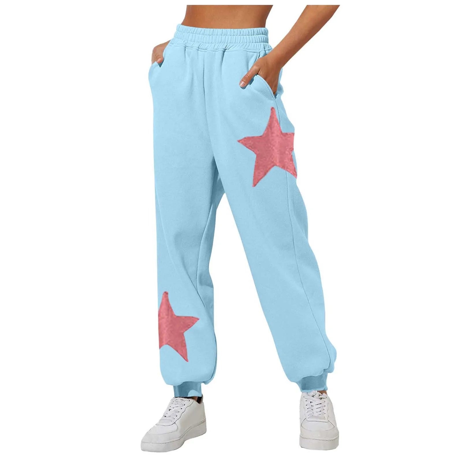 Women'S Casual Fashion Star Print Sweatpants Solid Color Drawstring Pocket Sports Pants High Waist Straight Long Winter Trouser