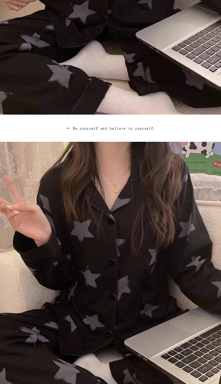 Star Full Print Pajamas for Women Spring and Summer New Long Sleeve Black High-end Home Wear Women's Pajamas Nightwear Sleepwear