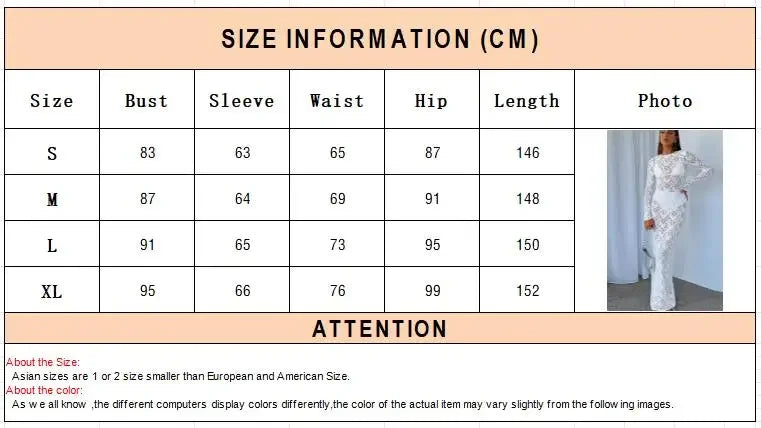 See Through Lace Maxi Bodycon Dress Women Sexy Long Sleeve Hollow Party Club Dresses Black White Streetwewar Female Outfits