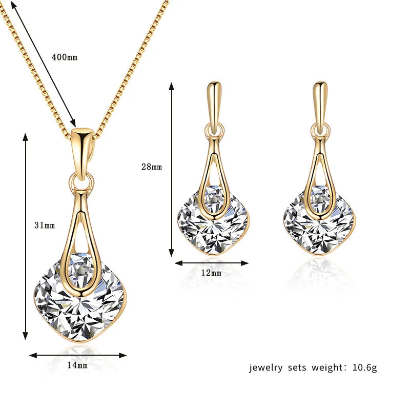 Luxury Square Crystal Necklace Earring Sets for Women Imitation Pearl Pendant Necklaces Stud Earrings Wedding Party Jewelry Gift