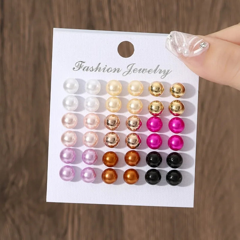 Cross Disciplinary 18 Pairs of Minimalist Summer Women's Colored Pearl Earring Set, Party Ladies, Fashionable Earrings