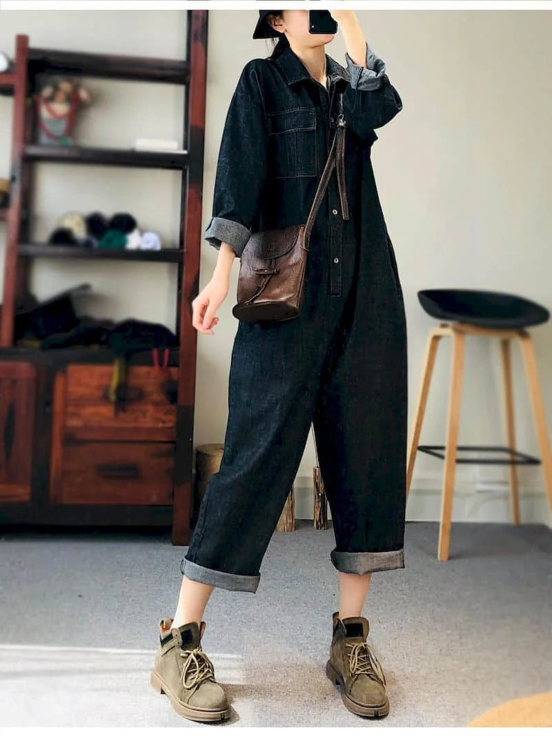 Oversized Denim Jumpsuit Suit Women Blue Denim Long Sleeve Playsuits High Waist New Fashion Tops Casual One Piece Outfit Women