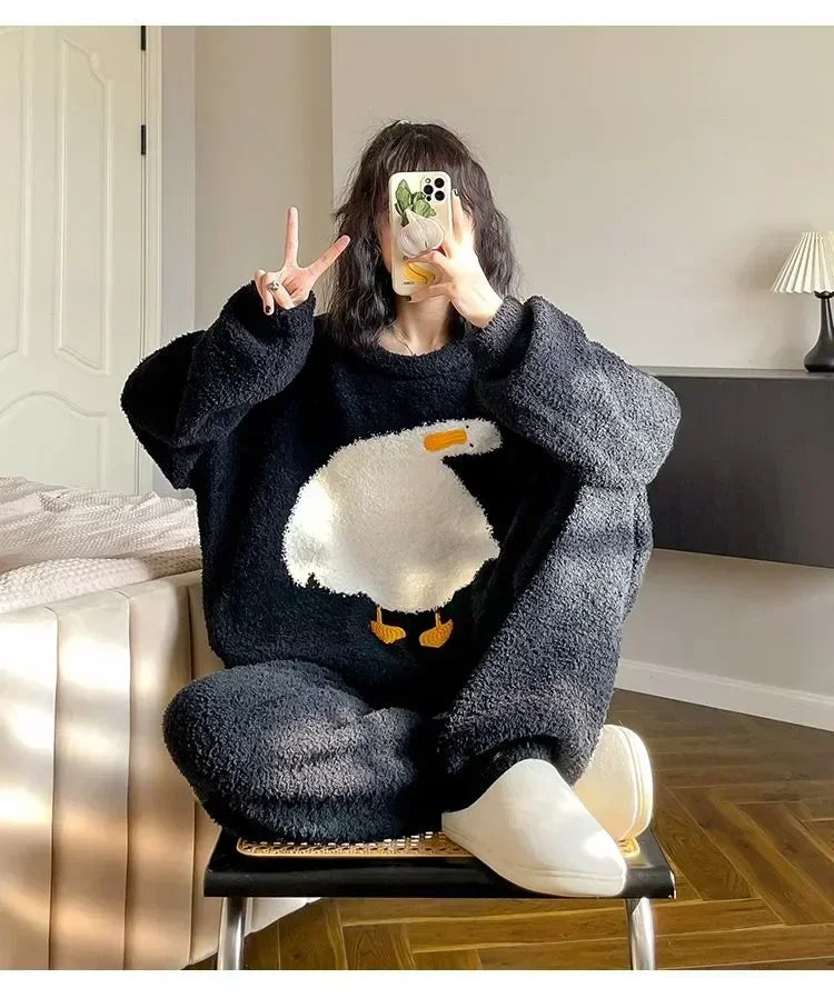 For Cute Flannel Velvet O-neck Women Clothes Pijamas Winter Home Clothing Comfortable Duck Fashion Pajamas Set Casual