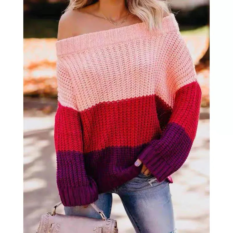 Autumn and Winter New One Necked Off Shoulder Patchwork Contrasting Loose and Versatile Knitted Pullover Sweater