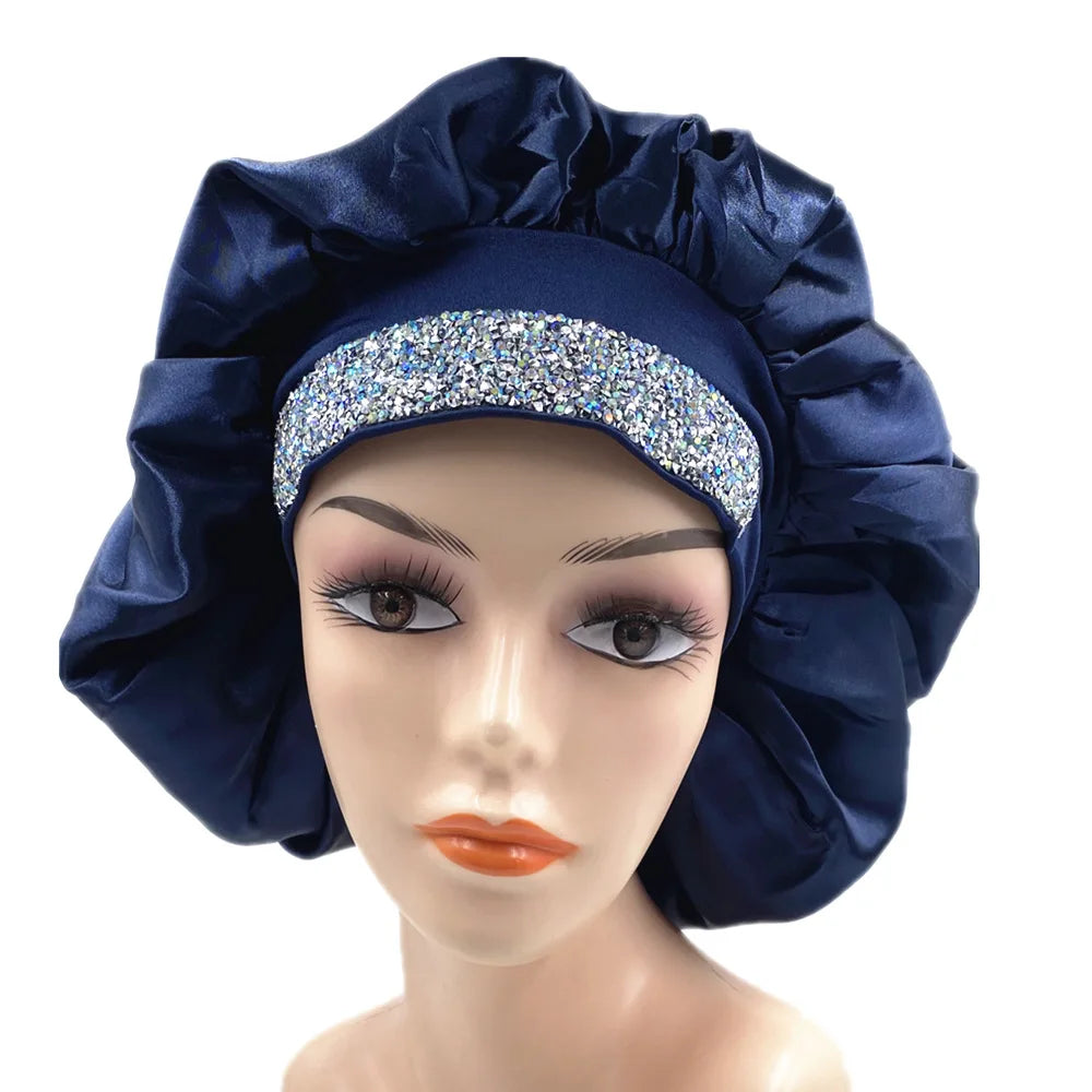 Glitter Rhinestone Wide Band Turban Women Hair Cover Satin Night Sleep Cap Bonnet Head Scarf Headwrap African Hat