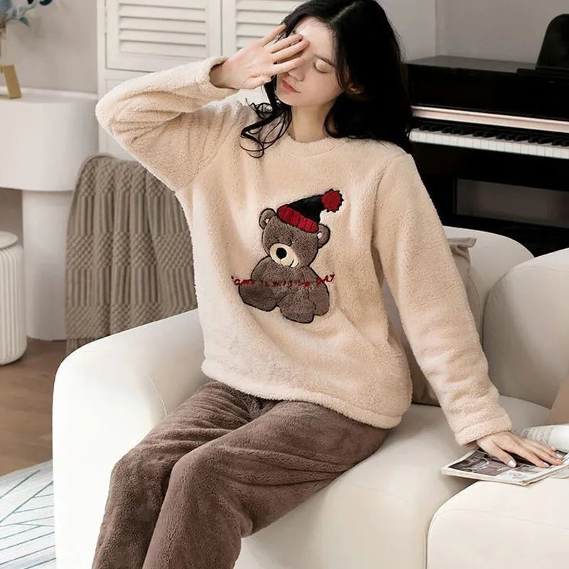 2pcs/Set Large Size Padded Thickened Warm Fall And Winter Women's Pajamas Long-Sleeved Long Pants Set Coral Velvet Cartoon Bear