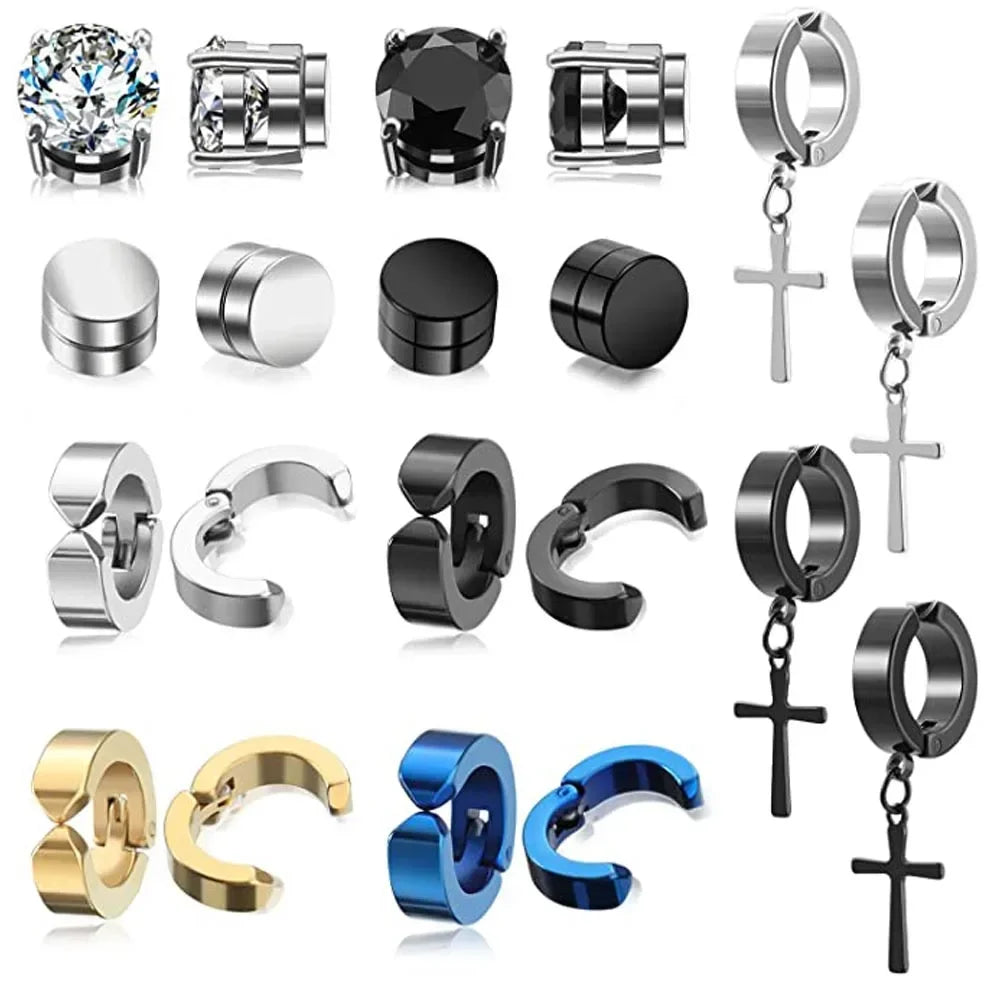 2pcs Punk Mens Strong Magnet Magnetic Ear Stud Set, Non Piercing Earrings Fake Cross Earrings Gift For Boyfriend Lover Jewelry