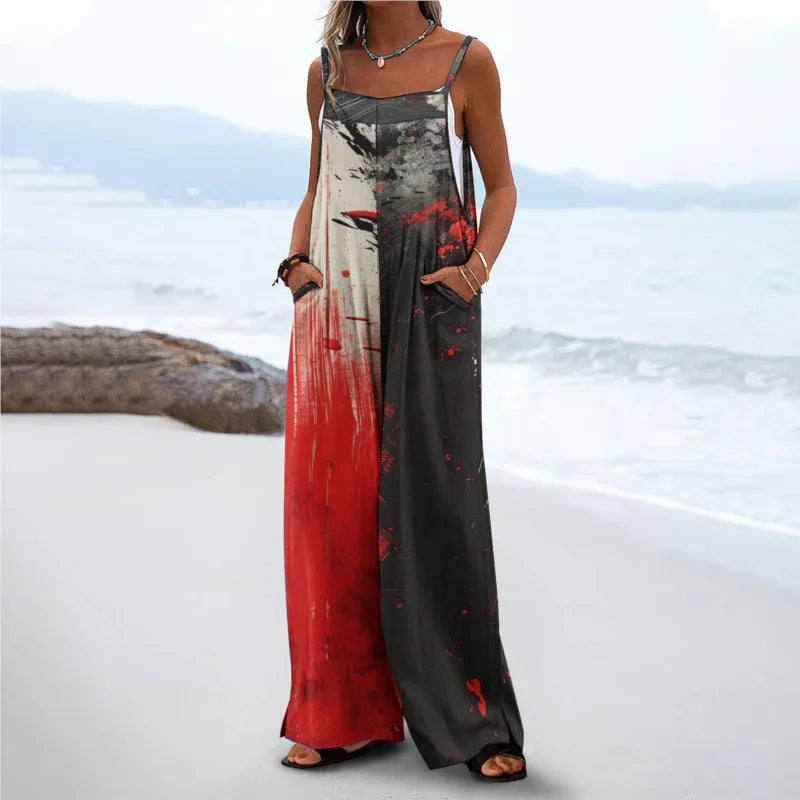 Female's Halloween Printing Jumpsuits Festival Dress Up Casual Loose Off Shoulder Sleeveless Sexy Wide Legs Trousers 2024 Summer