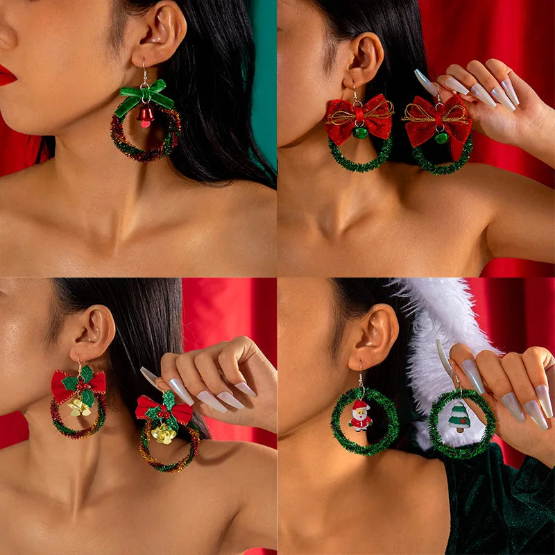 Exaggerated Bowknot Flower Garland Xmas Dangle Earrings for Women Red Green Bell Circle Drop Stud Christmas Ear Jewelry Gift