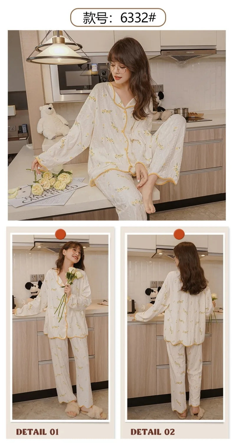 Women's Sweet Ruffle Pajamas Set Long Sleeve Top And Long Pants Sleepwear 2 Piece Set For Women Korean Casual Home Loose Pajamas