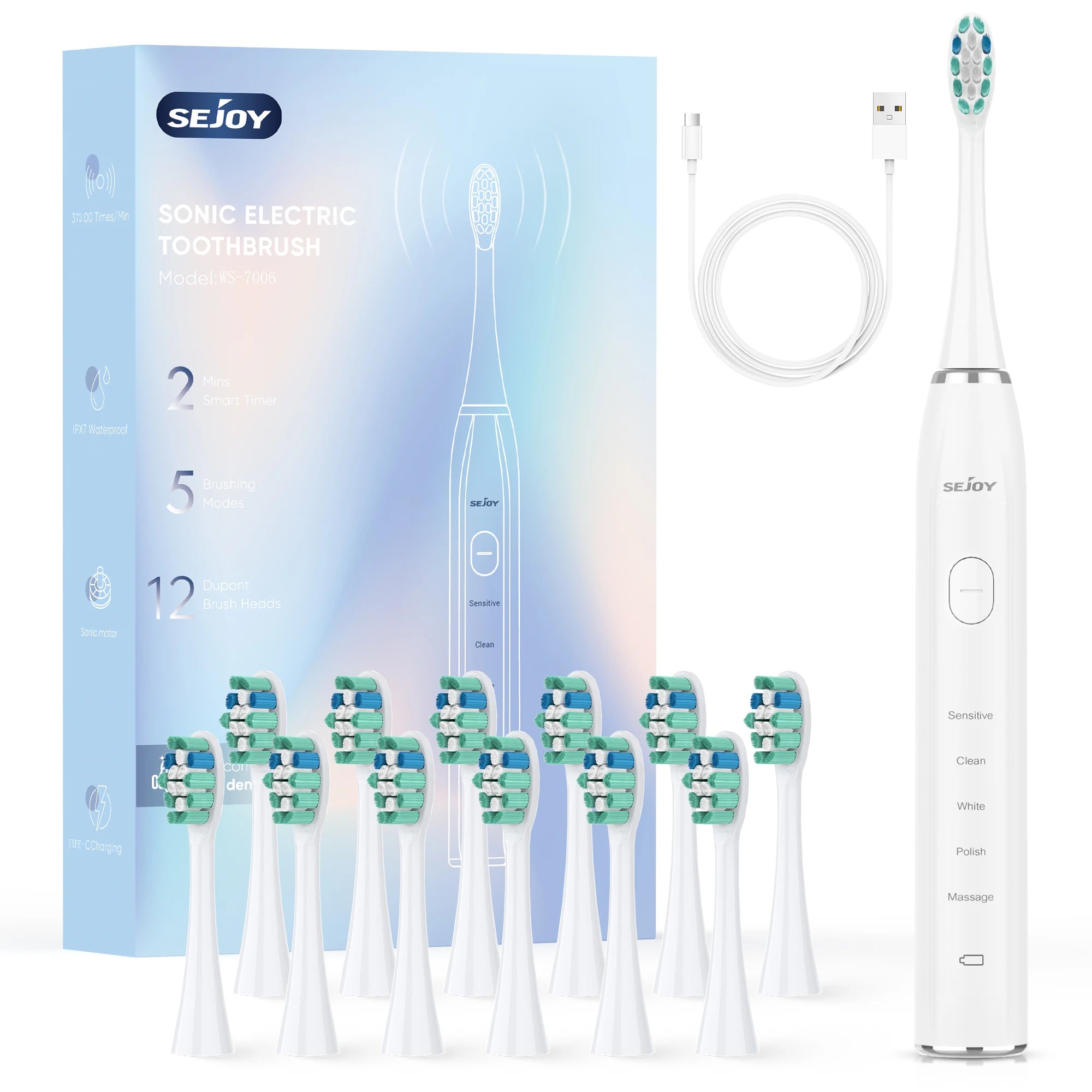 Sejoy Sonic Electric Toothbrush for Adults Dental Rechargeable 5 Cleaning Modes Sonic Toothbrush Personal Care Appliances