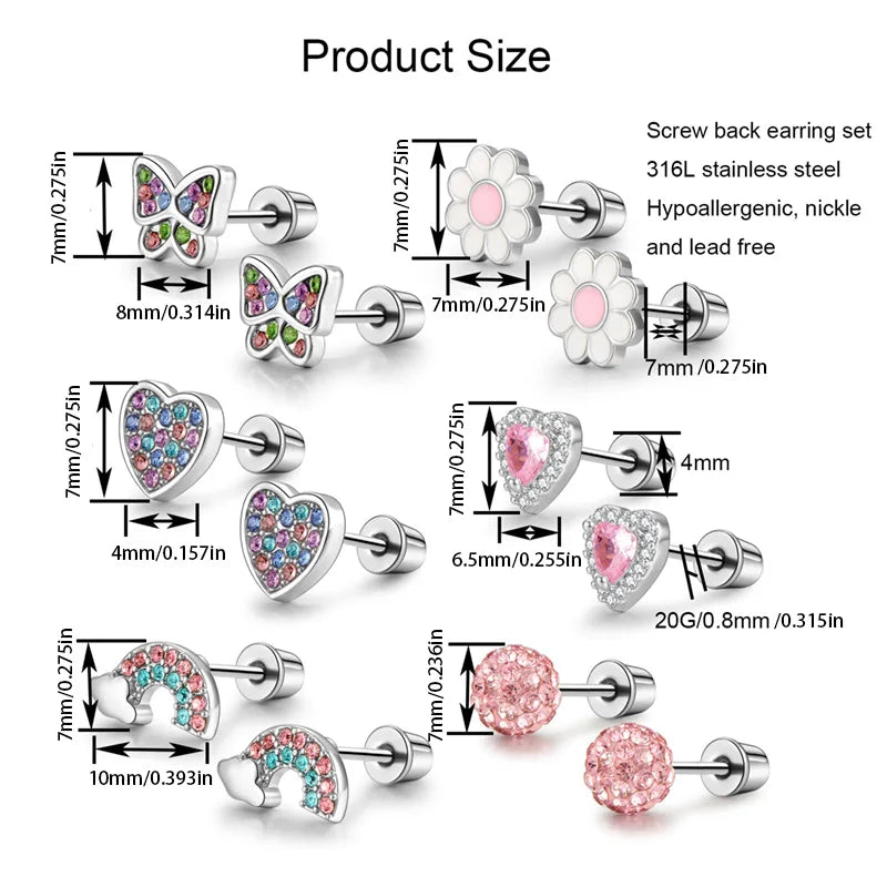 6 pairs of stainless steel screw stud earrings, such as hearts, flowers, butterflies, rainbows, set with shiny zircon earrings.