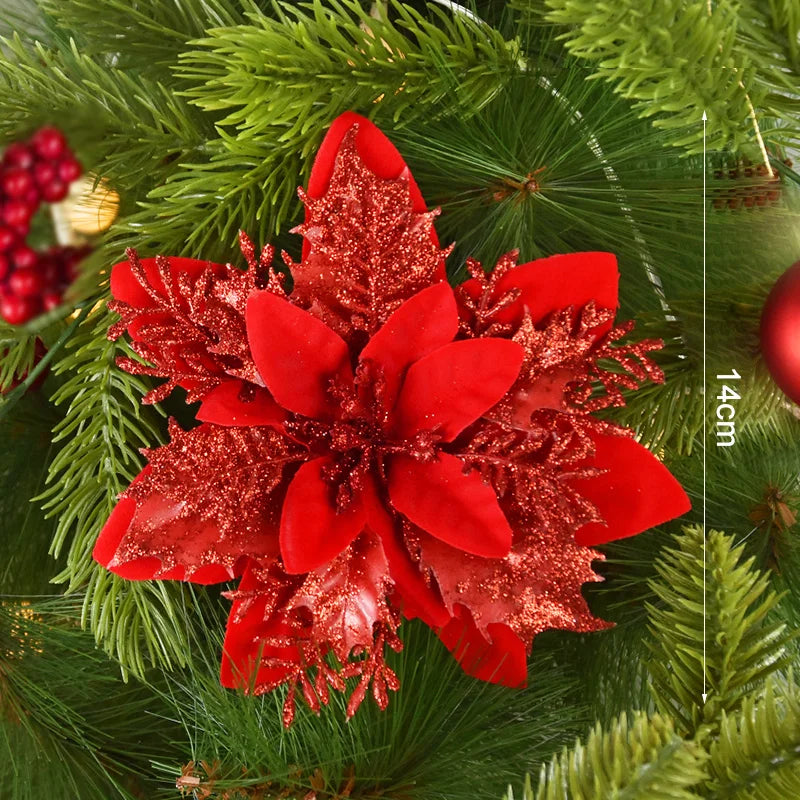 3/10pcs 14cm Christmas Flowers Glitter Red Gold Flower Head Xmas Tree Ornament New Year Decorations for Home Navidad Noel Gifts