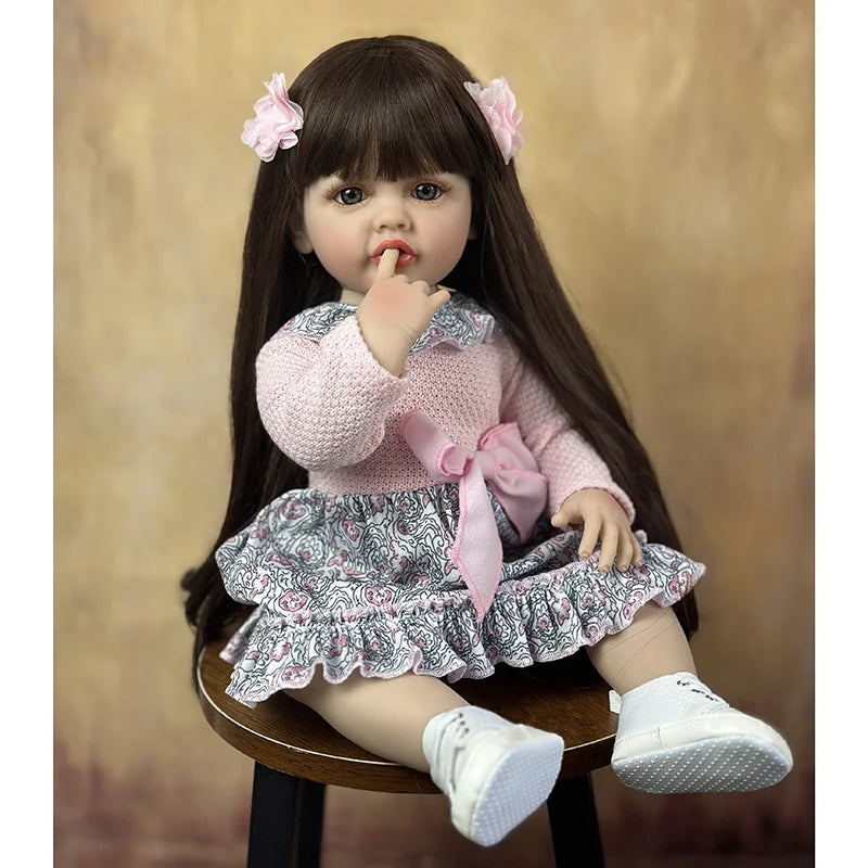 BZDOLL 55cm 22inch Lifelike Reborn Baby Girl Doll Soft Silicone Long Brown Hair Realistic Princess Toddler Bebe Birthday Gift