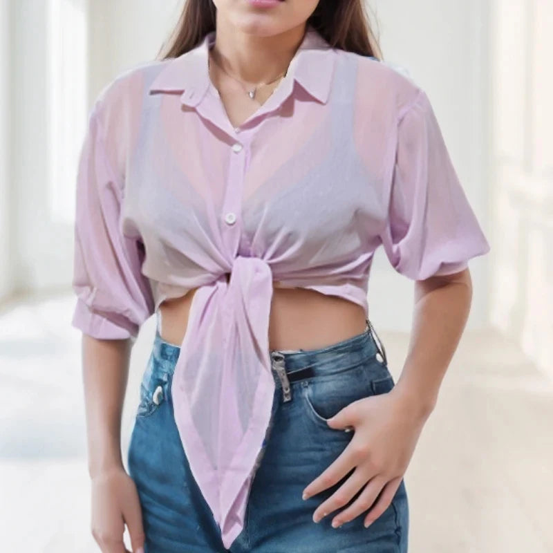 Elegant Solid Color Tied Waist Blouse Casual Loose Hollow Solid Clothes Women Summer Bat Half Sleeve Button Chiffon Shirt 9776