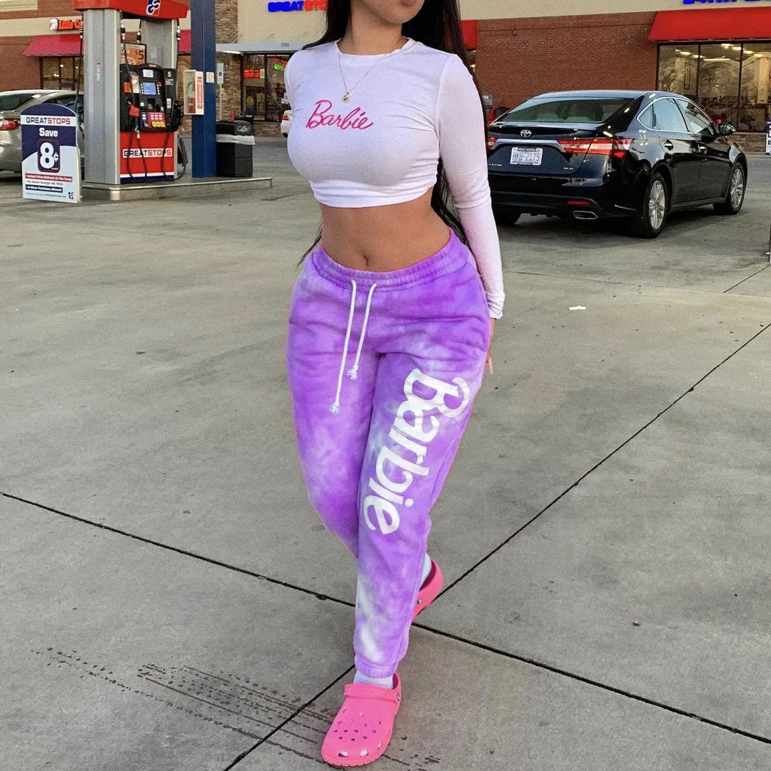 Tie Dye Fashion Streetwear Pink Joggers Women's Drawstring Sweatpants Sports Wear Women Crop Top and Jogging Pants