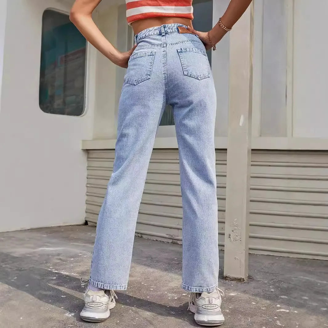 Women Basics Jeans Straight Pants Denim Mid Waist Pockets Button Vintage 2024 Autumn Female Ankle Length Trousers Streetwear