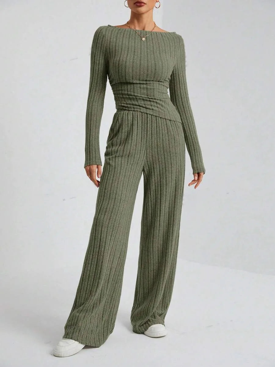 2024 Spring Knitted 2 Piece Sets Women Tracksuit Long Sleeve Vintage Sweater Crop Top Flare Pants Stretch Matching Suit Outfit