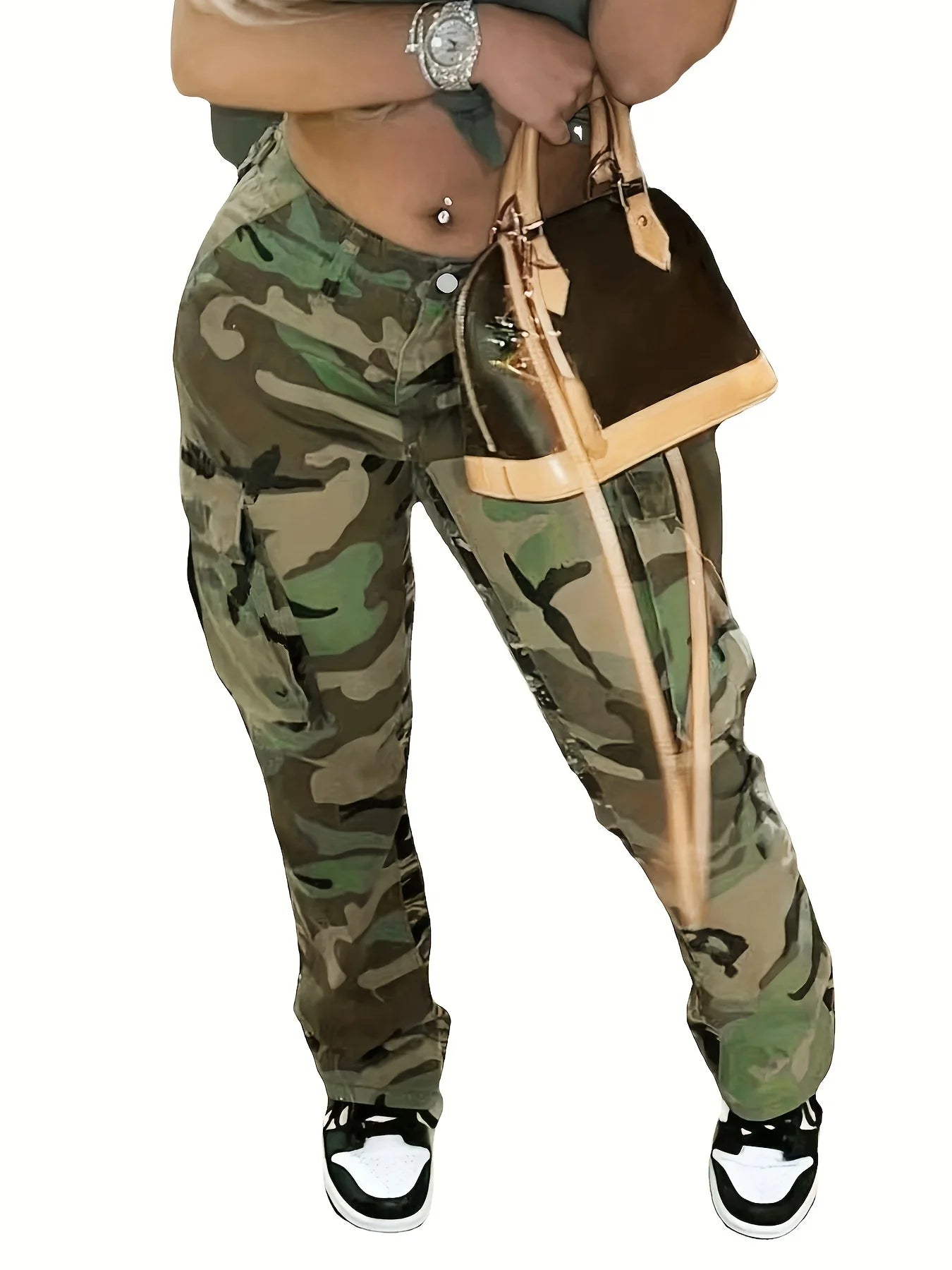 High Waist Straight Camouflage Cargo Jeans, Camo Print Medium Stretch Side Flap Pocket High Rise Denim Pants, Women's Denim Jean