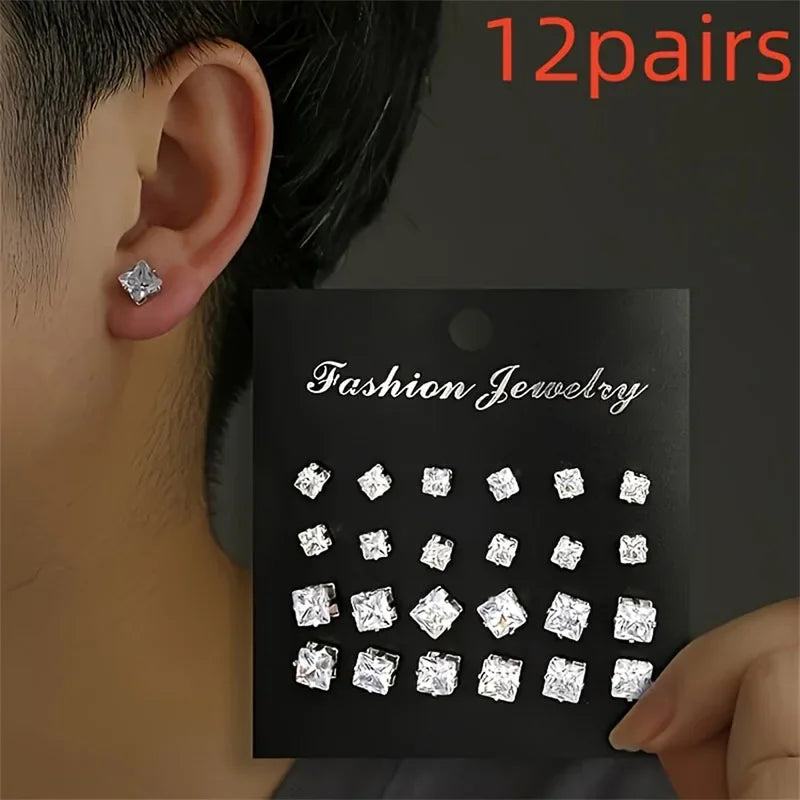 12 Pairs/Pack Shiny Zircon Stud Earrings Set for Women Men Daily Versatile Chic Silver Color Crystal Ear Jewelry Accessories