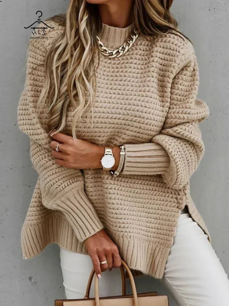 Women's Winter Clothing Half High Collar Solid Color Pullover Fashion Autumn Elegant Temperament Tops Commuting  Sweater Women